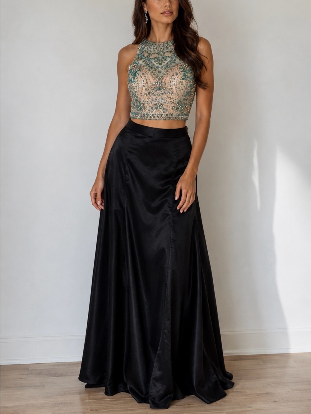Abby Paris Lucci Lu Beaded Crystal Halter Top S Nude Teal Pageant Prom Open Back